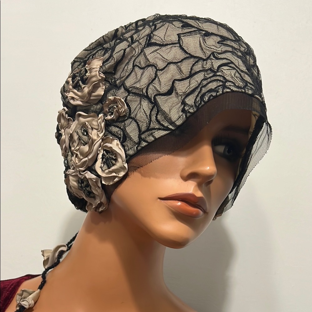 Elegant Black and Tan Floral Lace Cloche Hat